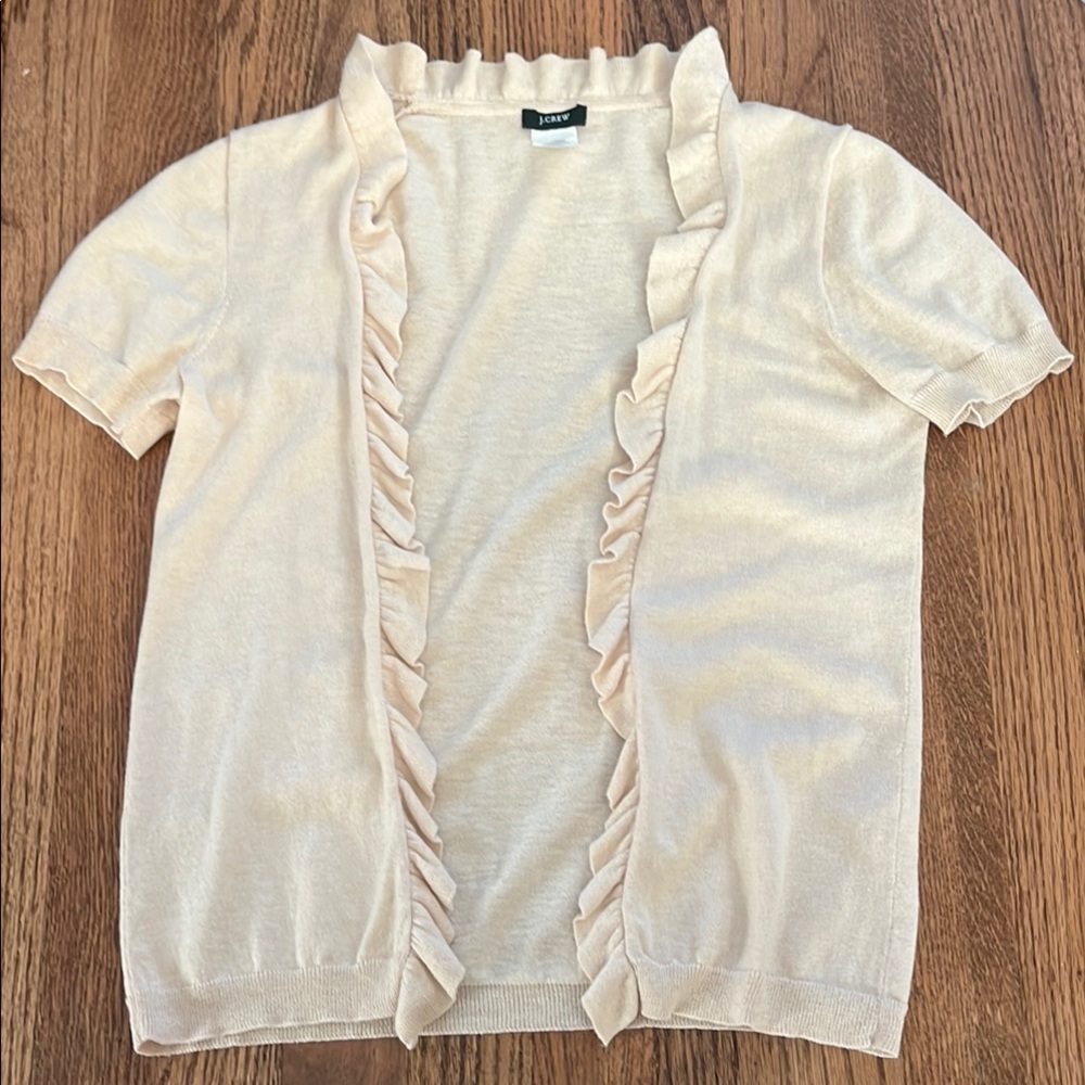 J. Crew Cream Ruffled Short Sleeve Cashmere Blend Cardigan